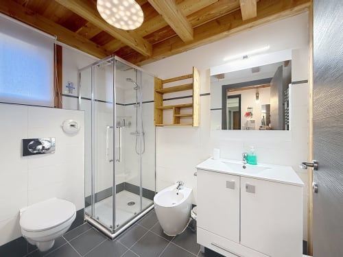 Salle de bains moderne du duplex Le Flocon du Clocher aux Tanières de Montgenèvre avec douche vitrée, toilettes, lavabo et poutres en bois