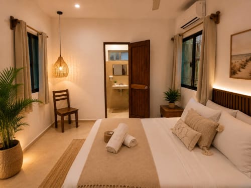 Suite moderna del Hotel Holbox Centro con cama queen, baño privado, iluminación colgante y plantas tropicales en Holbox