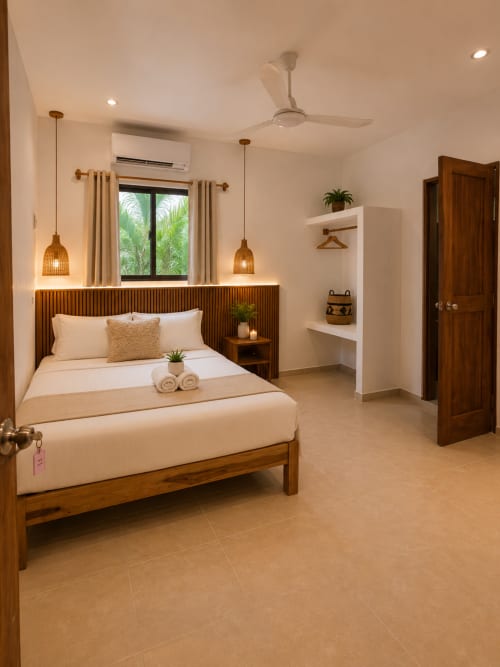Habitación moderna del Hotel Holbox Centro con cama de madera, lámparas colgantes tejidas y vistas tropicales en Holbox, México
