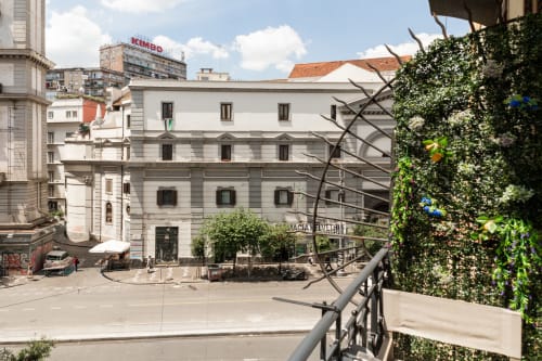 Balcony view from Darna Rooms in Naples showing ivy-covered railing, historic European buildings, and city street below