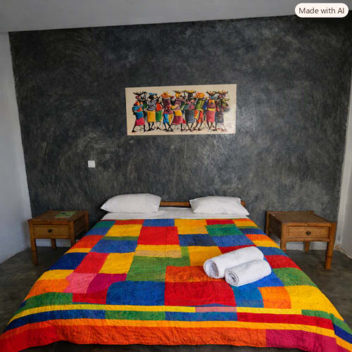 Quarto colorido no Hotel PZero em São Tomé com colcha patchwork vibrante, criados de madeira, almofadas brancas e arte africana