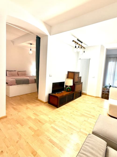 Ampio soggiorno con pavimenti in legno, vista sulla camera da letto, televisore e servizi moderni