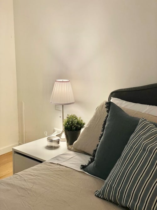 Modern bedroom at Living Palazzi Storici Bologna with bed, striped pillows, nightstand lamp, and potted plant