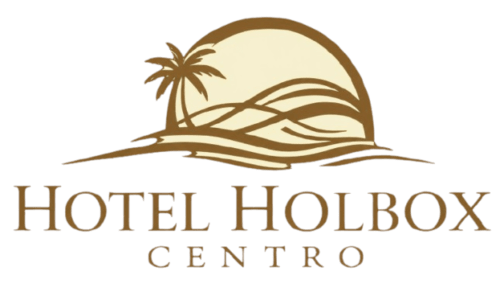 Logo del Hotel Holbox Centro con palmera y olas del océano en marrón, Holbox México