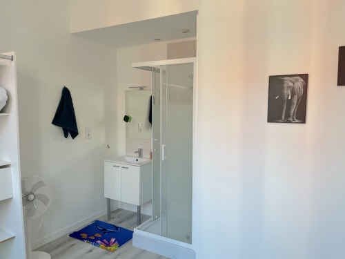 Salle de bain moderne à la Conciergerie-lilloise avec douche vitrée, vasque blanche et porte-serviettes noir