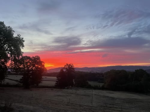 Stunning sunset over Étang sur Arroux valley with trees and fields, Château de Vaux Morvan