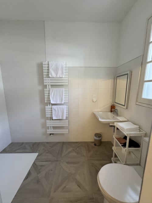 Cuarto de baño moderno con inodoro, lavabo, toallero calefactor y almacenamiento en la casa de huéspedes Domaine de Bize Mirepoix, Ariège, Francia