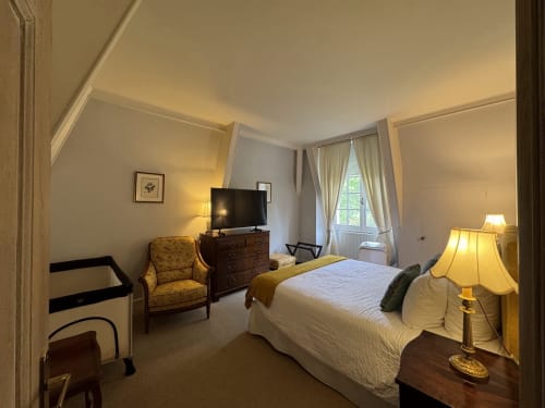 Schmetterlingszimmer im Domaine de Bize Mirepoix mit Bett, TV, Sitzbereich und warmer Beleuchtung