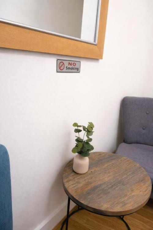 Room 3 at Catherines House Kings Cross London B&B showing no smoking sign, wooden table with plant, and gray chair