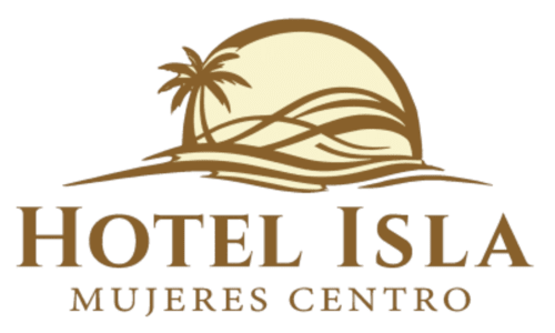 Logo del Hotel Isla Mujeres Centro con palmera y olas en tonos marrón y crema