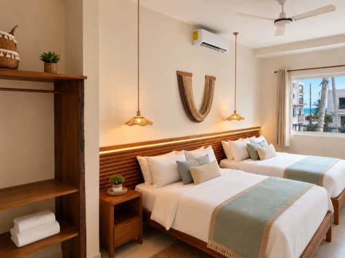 Habitación doble Hotel Holbox Centro con cabecera de madera, lámparas colgantes y vista al océano en Holbox, México