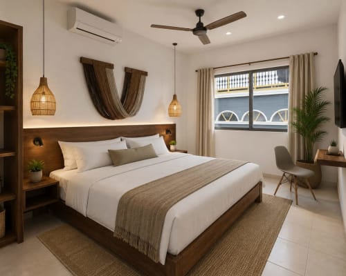 Habitación moderna en Hotel Holbox Centro con cama de madera, sábanas blancas, luces colgantes tejidas y cortinas beige en Holbox