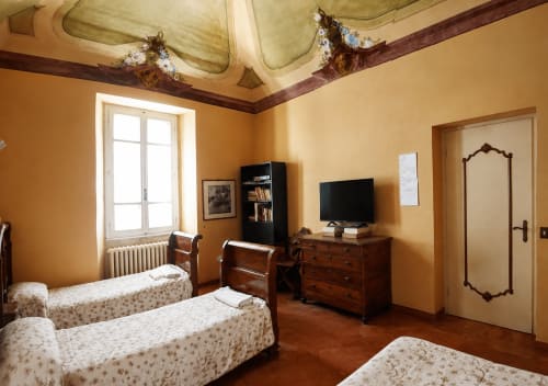 Camera doppia Bresbot B&B a Bressana con letti singoli, TV, arredi in legno e vista giardino