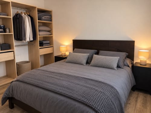 Chambre moderne à l'appartement Le Hangar 7 à Guilvinec avec lit queen-size, armoire en bois et éclairage chaleureux