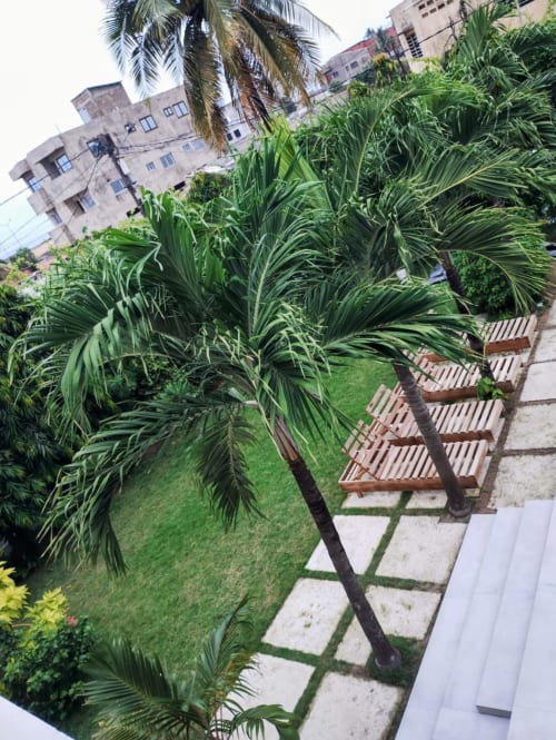 Vue du jardin depuis le balcon de Nomads Kodjoviakopé à Lomé, avec palmiers, pelouse soignée et architecture coloniale