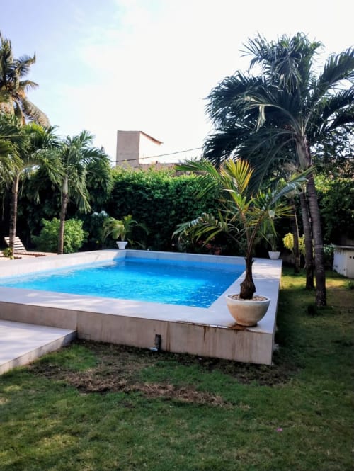 Piscine rectangulaire aux eaux bleu clair entourée de luxuriants jardins tropicaux et palmiers à Nomads Kodjoviakopé