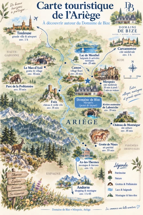 Mapa turístico de la región de Ariège con el Domaine de Bize en Mirepoix, mostrando atracciones y pueblos cercanos