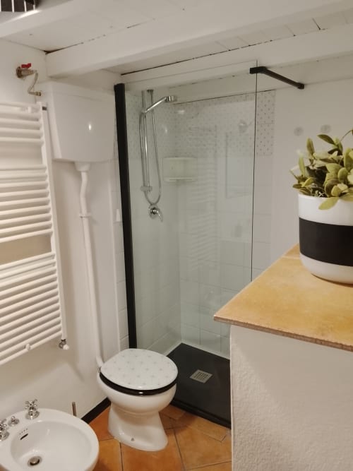 Bagno moderno a Case Vacanze Borgo i Stritti con doccia in vetro, wc bianco e pianta in vaso