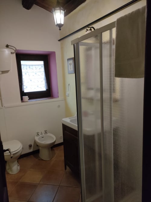 Bagno moderno con doccia, toilet e lavabo su piedistallo presso l'appartamento Case Vacanze Borgo i Stritti a Petralia Soprana, Sicilia