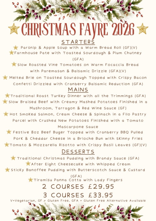 Christmas Fayre 2026 menu at The Bowes Incline hotel featuring festive starters, mains and desserts with pricing