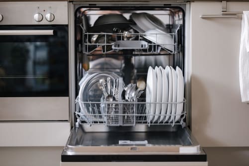 Lave-vaisselle ouvert avec assiettes blanches propres et ustensiles à La Grange Aux Étangs, gîte en Sennely, France