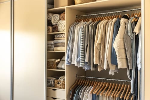 Armoire organisée avec vêtements neutres et linges pliés à La Grange Aux Etangs, gîte à Sennely