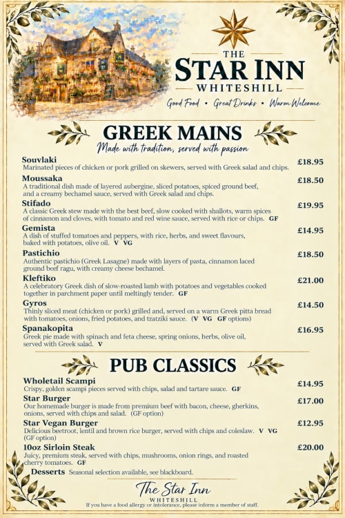Star Inn Whiteshill menu featuring Greek mains and pub classics in Stroud, GB