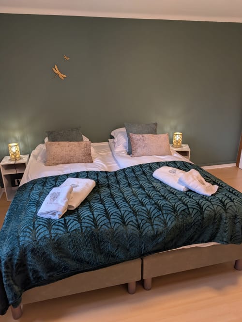 Cozy bedroom at Bi d'Grosseltere cottage in Kirrwiller with dark patterned bedcover, pink pillows, and dragonfly wall art.