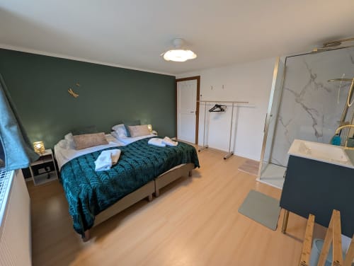 Modern bedroom at Bi d'Tante Irène cottage in Kirrwiller with green accent wall, queen bed, ensuite bathroom, and workspace