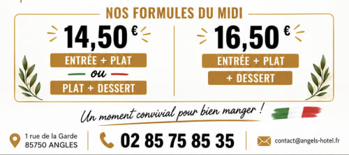 Menus déjeuner de l'Hôtel Angel : 14,50€ (entrée+plat ou plat+dessert) ou 16,50€ (trois plats) à Angles, France