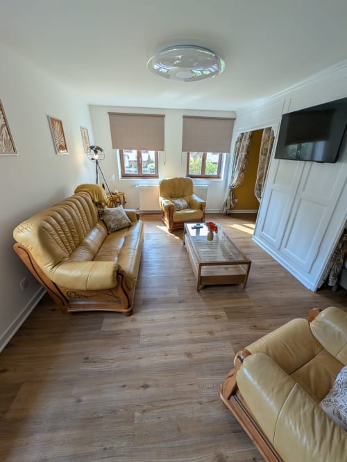 Bright living room at Bi d'Grosseltere cottage in Kirrwiller with cream leather sofa, armchair, wooden coffee table,
