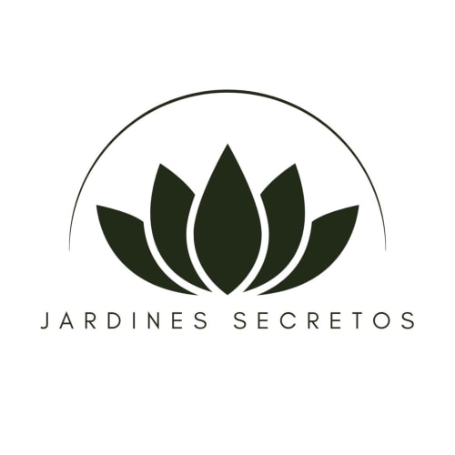 Jardines Secretos hotel logo featuring stylized lotus flower design in dark green
