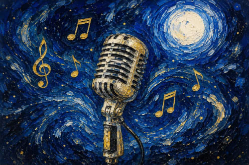 Microphone vintage avec notes de musique sur ciel étoilé tourbillonnant à l'Hôtel Restaurant Angel's, Angles