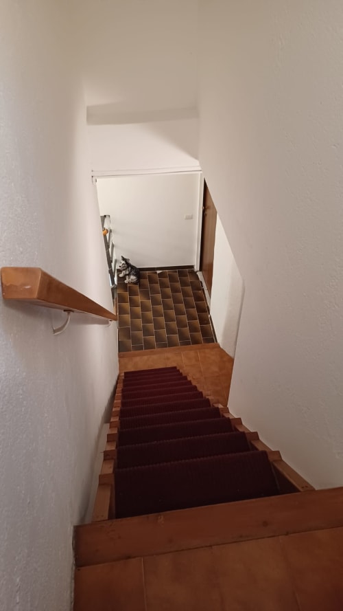 Scala con tappeto rosso e ringhiera in legno che conduce al piano superiore in appartamento a Milano
