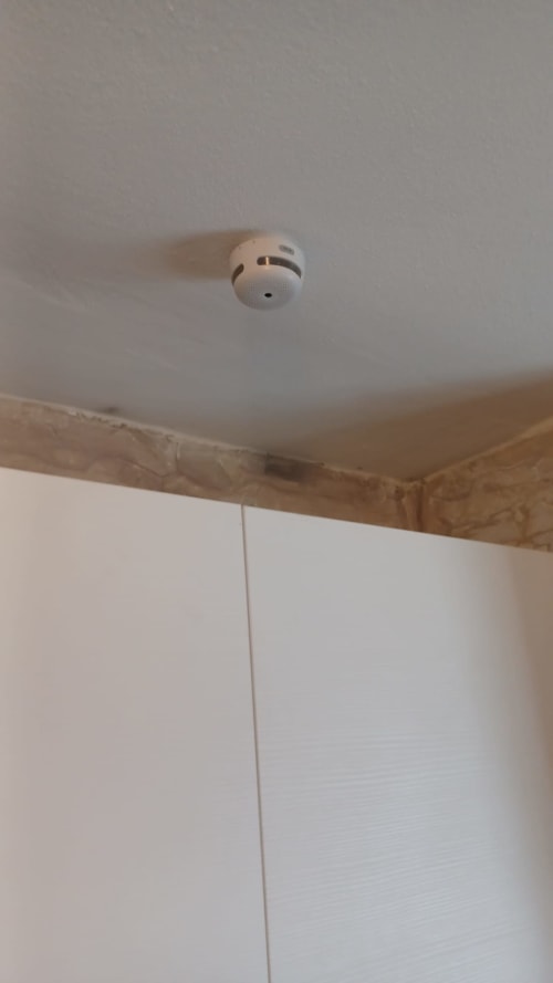 Rilevatore di fumo montato su soffitto bianco con cornice in travi di legno all'Appartamento Sormano, THE V Collection Milano