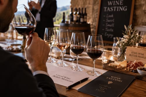 Degustazione di vini all'Aurora View Resort di Mascali con bicchieri e note di assaggio su tavolo in legno