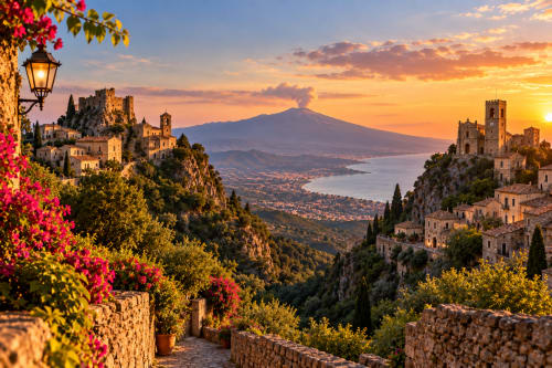 Tramonto dall'Aurora View Resort a Mascali, Italia, con vista sull'Etna e il paesaggio costiero medievale