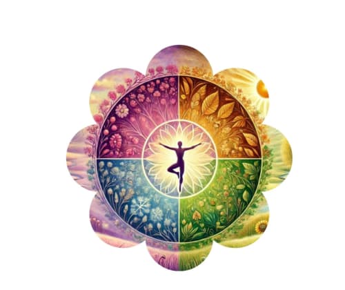 Yoga figure in seasonal wheel mandala representing wellness at Le Bacalan B&B in Mormoiron