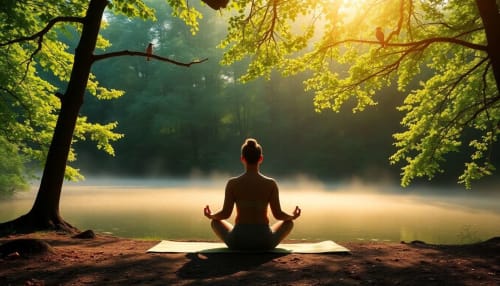 Person meditating by misty lake under golden trees at Le Bacalan, Mormoiron