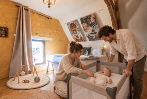 Des parents admirant leur bébé dans un lit portable à Casa Pertica, un gîte accueillant en famille à Ceton, France