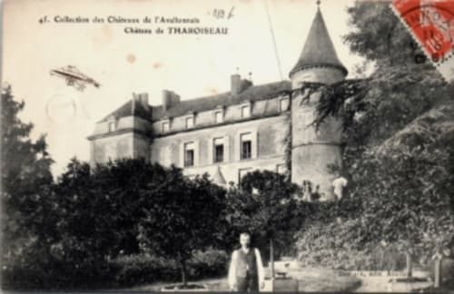 Château de Tharoiseau avec sa tour conique et ses terrains entourés d'arbres