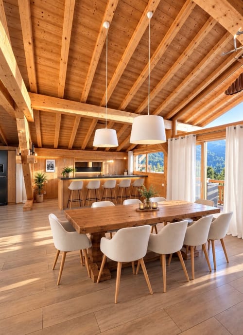 Intérieur chaleureux du chalet en bois aux Chalets d'Aline, La Plagne, avec coin repas, bar cuisine et vue sur les montagnes
