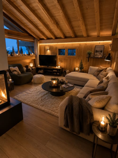 Salon cosy du chalet en bois avec cheminée, canapé beige et ambiance aux chandelles aux Chalets d'Aline, La Plagne