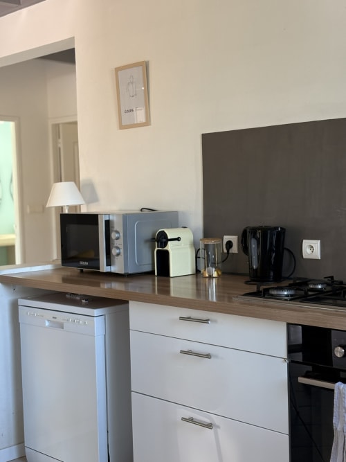 Modern kitchen in La Villa Maraloupia villa, Les Avirons with microwave, coffee machine, and sea view amenities