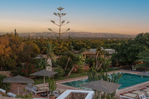 Piscine du Domaine Belhazar au coucher de soleil surplombant la vallée d'Essaouira avec palmiers et montagnes