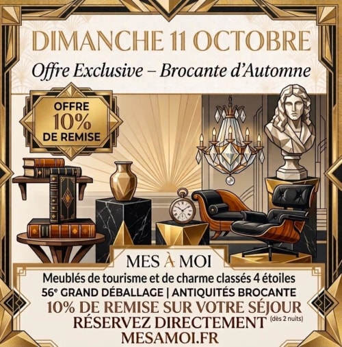Offre exclusive automne Mes à Moi Pézenas : 10% de réduction sur hébergements 4 étoiles et antiquités, 11 octobre.