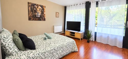 Le Cocon room at NN Patrimoine in Douvaine with bed, TV, balcony view, and modern amenities