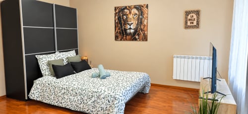 Modern bedroom at NN Patrimoine hotel in Douvaine with queen bed, black headboard, patterned bedding, and lion artwork on