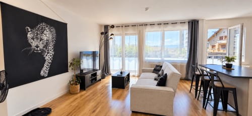 Apartamento urbano chic moderno en Annemasse con obra de leopardo, sofá beige, pisos de madera y vistas a la ciudad