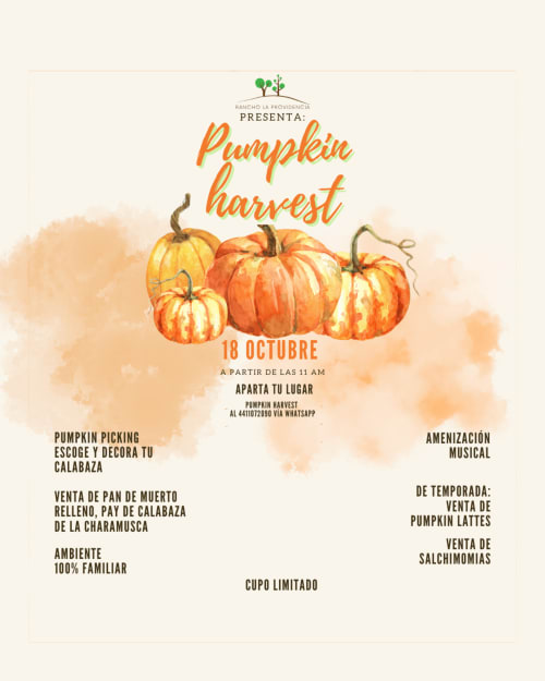 Volante del evento Cosecha de Calabazas de Rancho La Providencia con calabazas naranjas y detalles de celebración del 18 de octubre